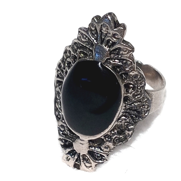 Vintage Silver Adjustable Ring Black Onyx Adjustable 7 - Picture 5 of 14